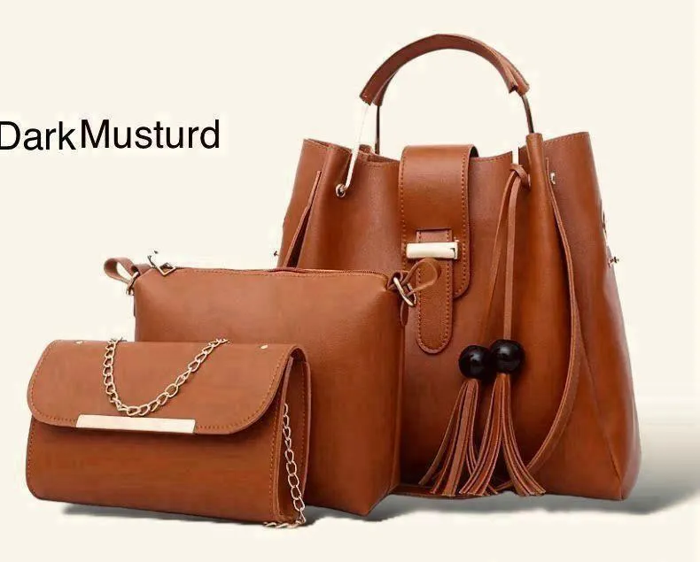 Women's Mustard PU Leather 3-Piece Handbag Set