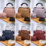 Women's Grey Leather Handbag Set with Top Handle