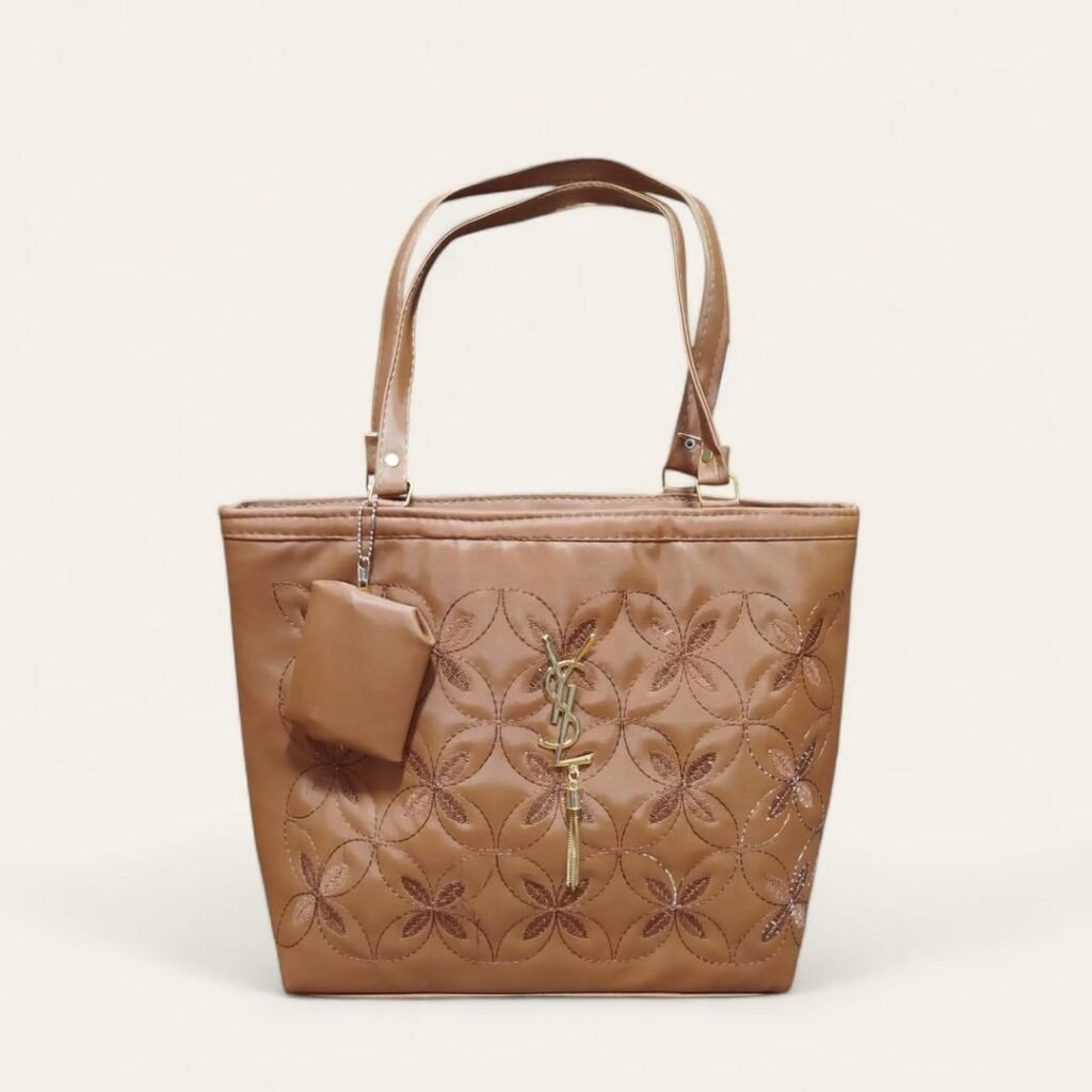 Brown Quilted Shoulder Bag with Gold Logo for Women