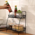 Two Tier Metal Kitchen Storage Rack Black Mesh